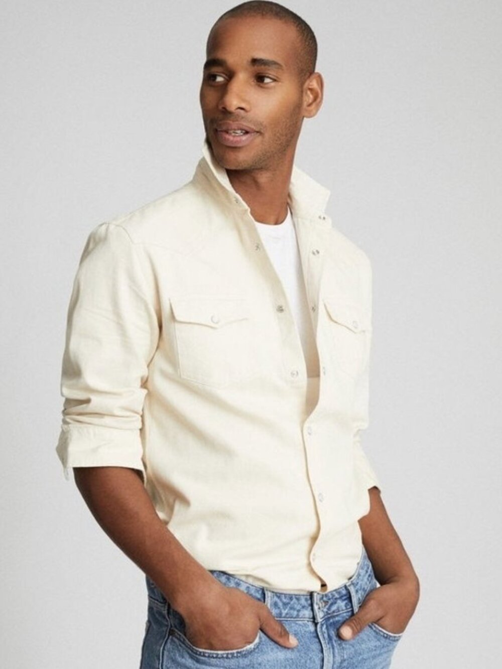Reiss Bairstow Western Twin Pocket Overshirt Size Small Cream Snap Button Cotton
